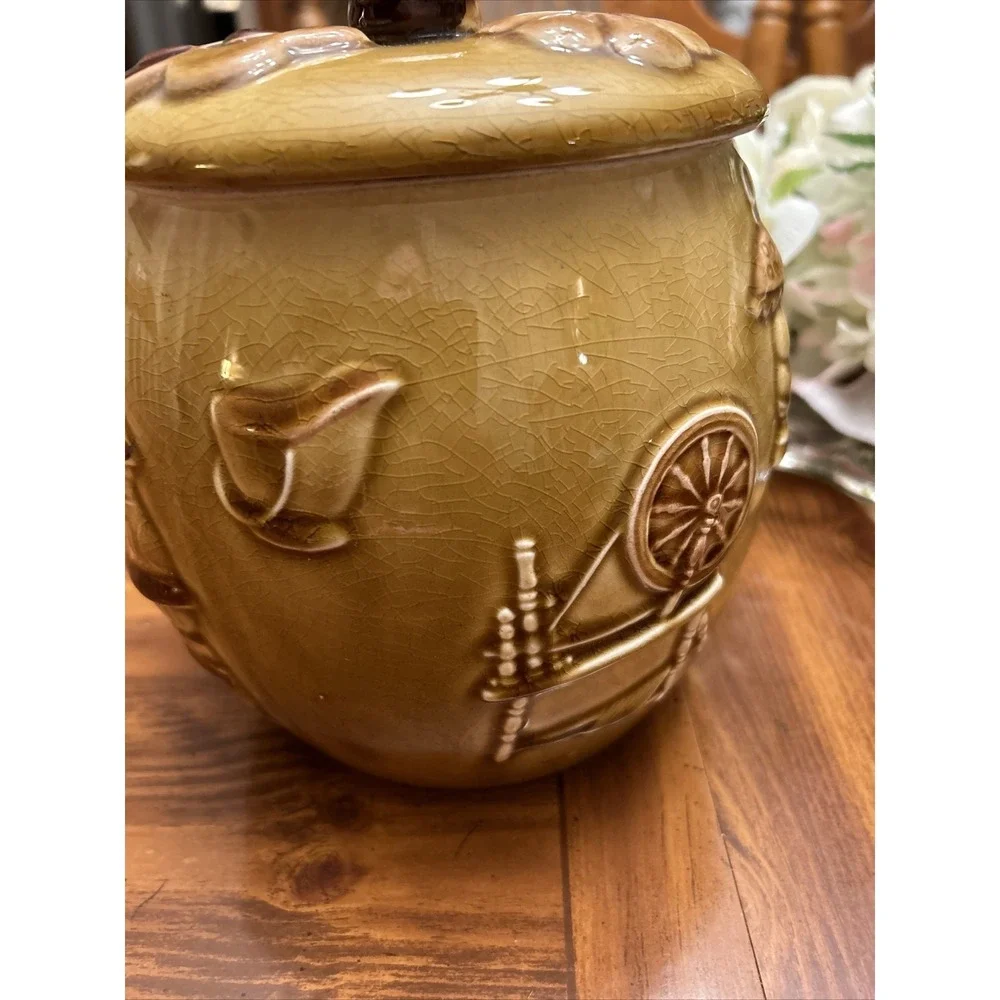 Vintage Pottery Cookie‎ Jar grandfather Clock Rocking Chair Amber lid brown